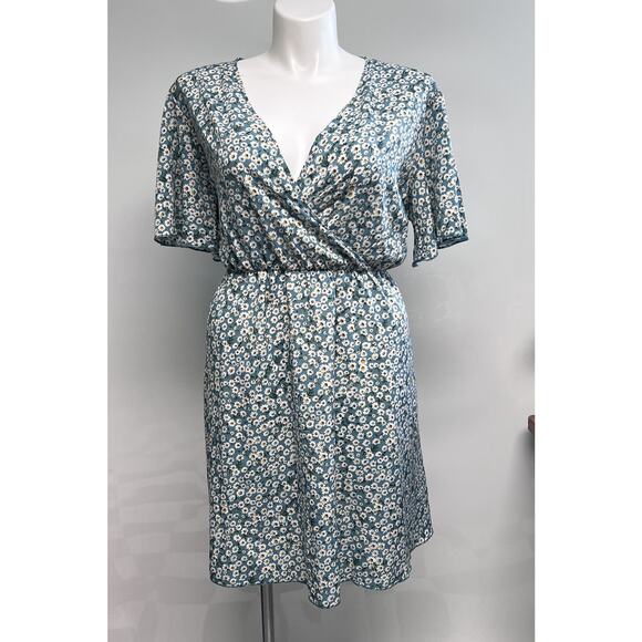 Retro Pinup Faux Wrap Dress Blue Daisies Fit & Flare Pockets Flutter Sleeves 20 - Picture 1 of 12